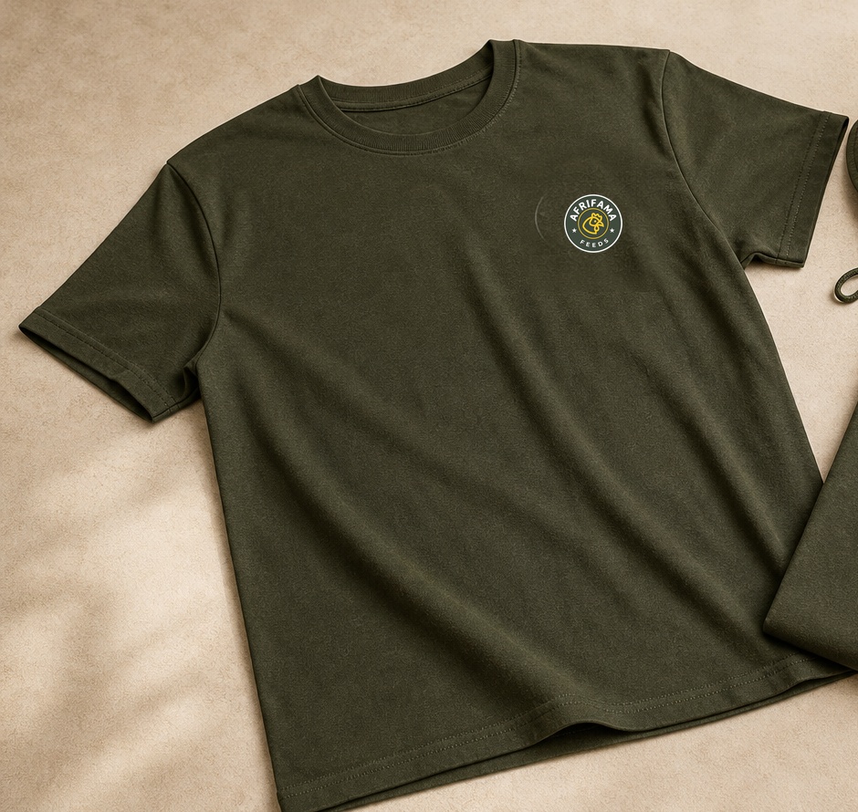 Afrifama Feeds branded olive field T-shirt