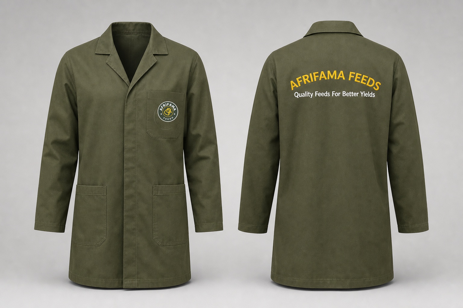 Front and back Afrifama Feeds embroidered olive work coat