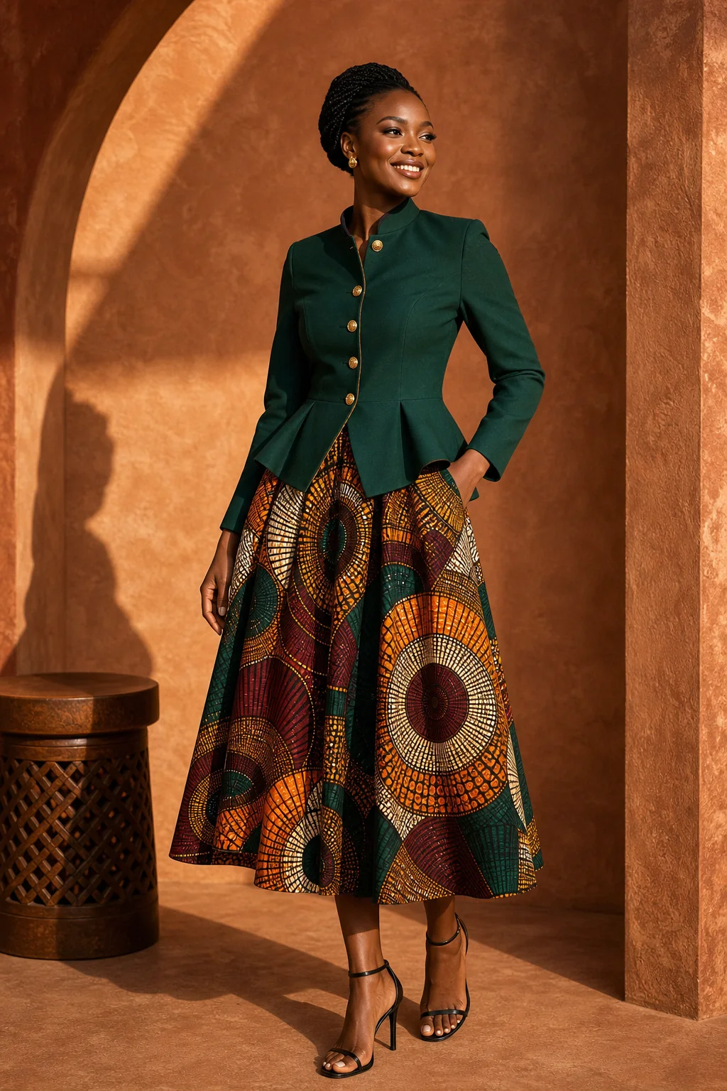 Contemporary emerald and African print Ankara outfit from the House of Gemini collection