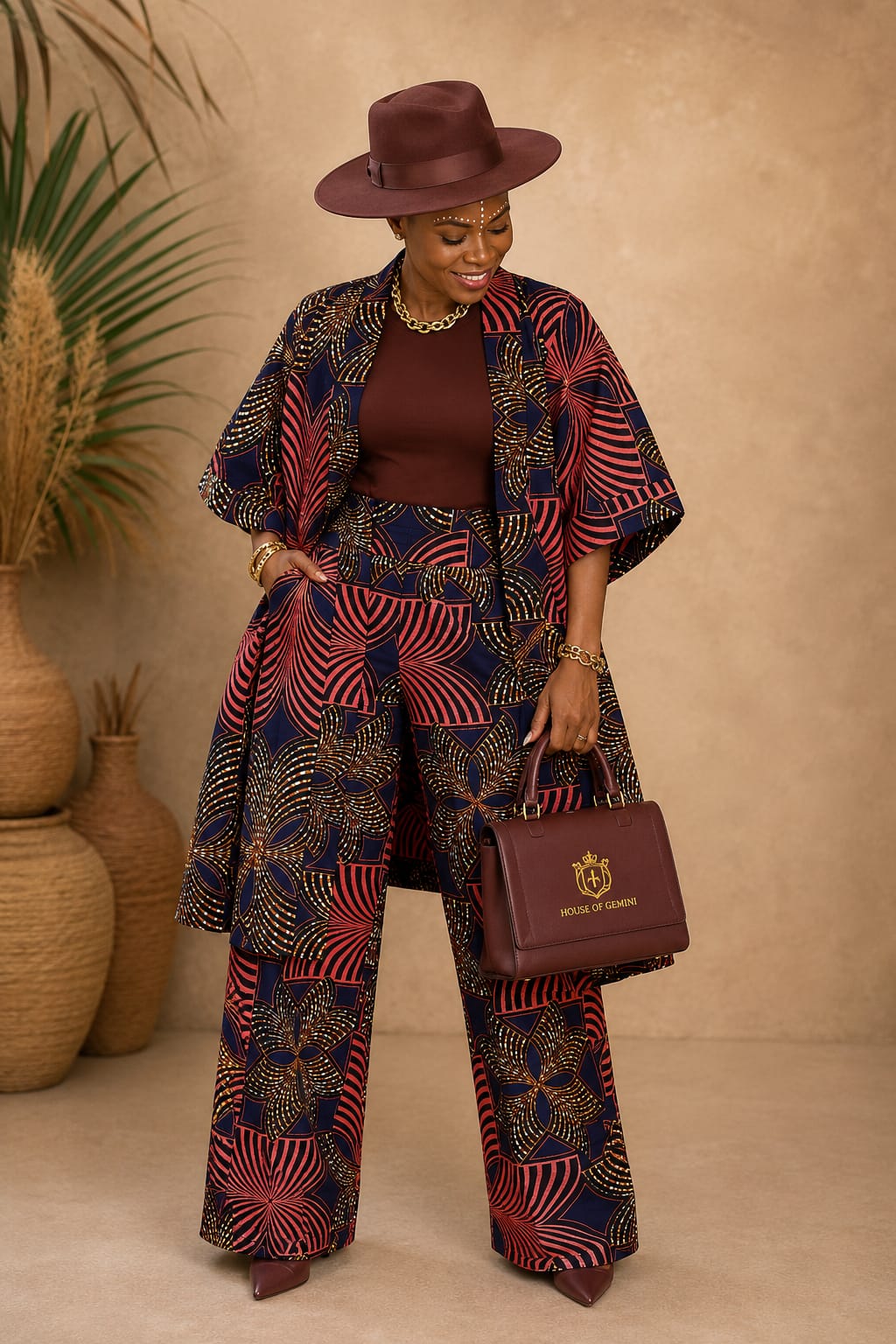 Ankara kimono and wide-leg pants look from House of Gemini