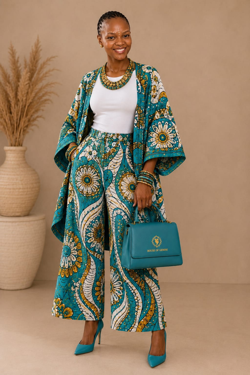 Teal African print kimono and pants look from House of Gemini