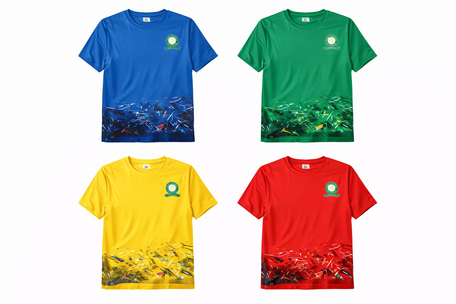 Blue, green, yellow and red school games shirts