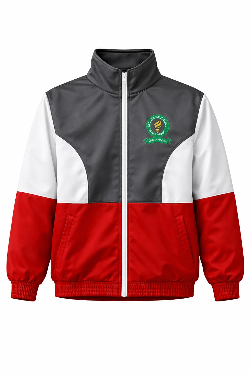 Red, white and charcoal school sports jacket