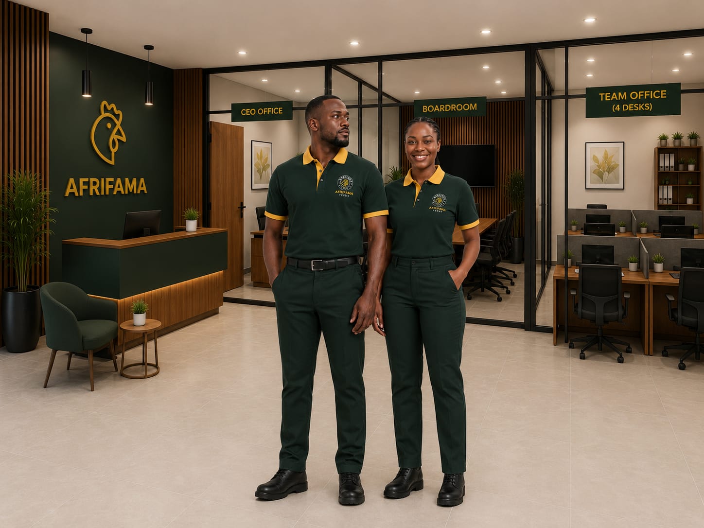 Coordinated professional polo uniforms in an office setting