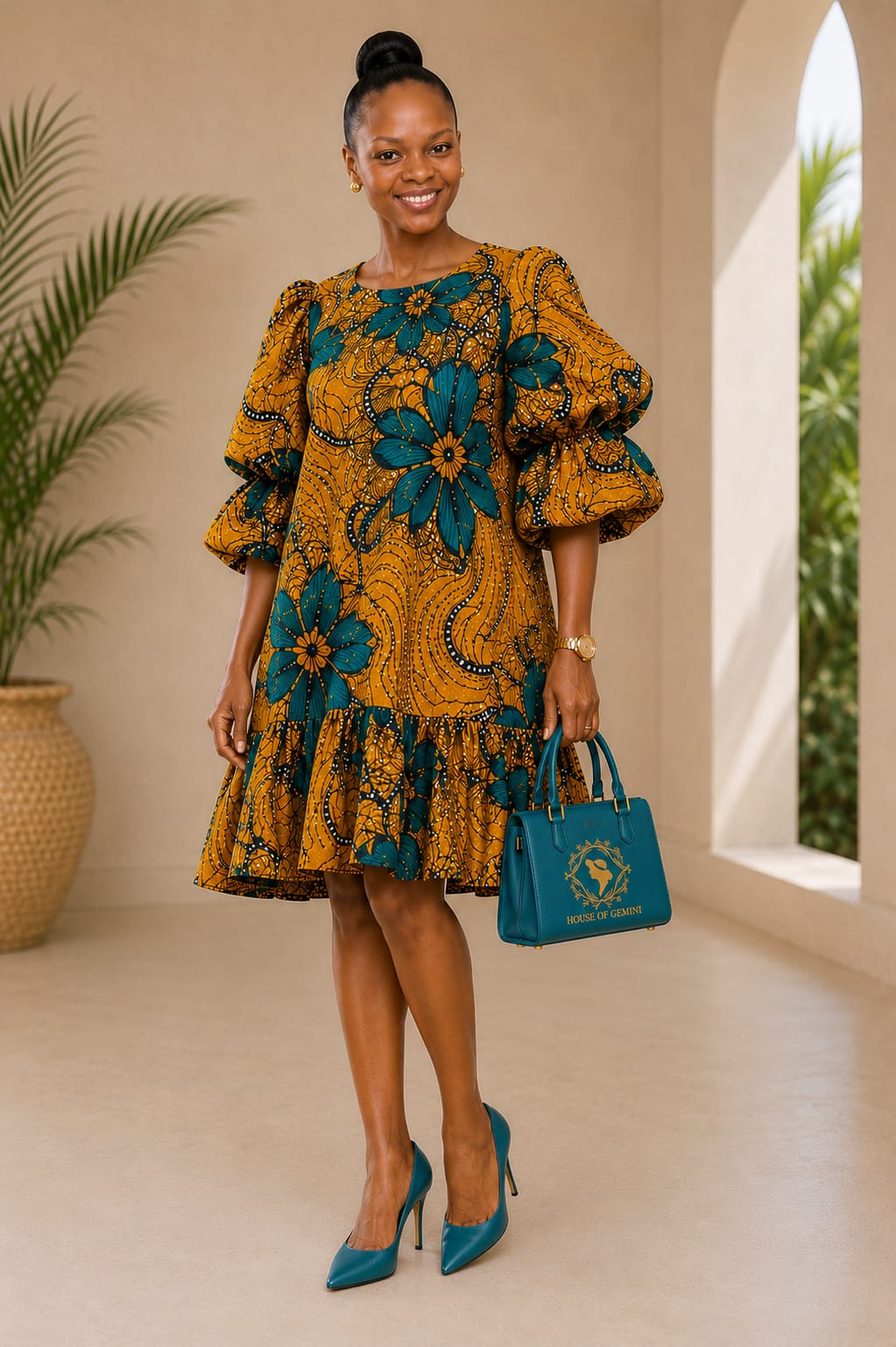 Yellow and teal African print dress from the Savannah Bloom Collection