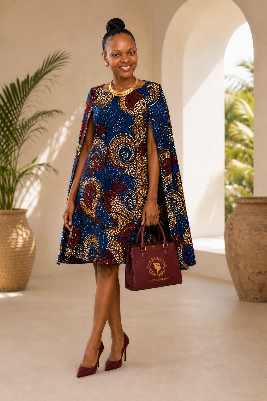 Blue African print statement dress from the House of Gemini Savannah Bloom Collection