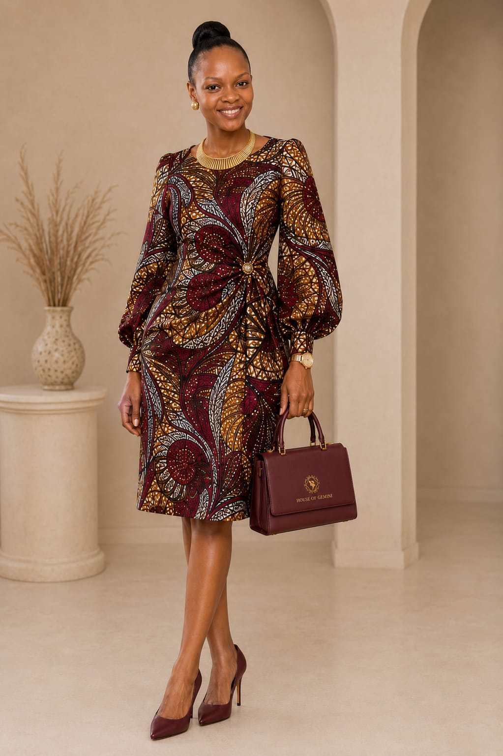 Tailored red and gold Ankara dress from House of Gemini