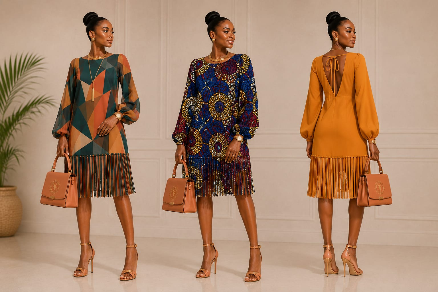 Savannah Bloom lookbook of three African print dresses