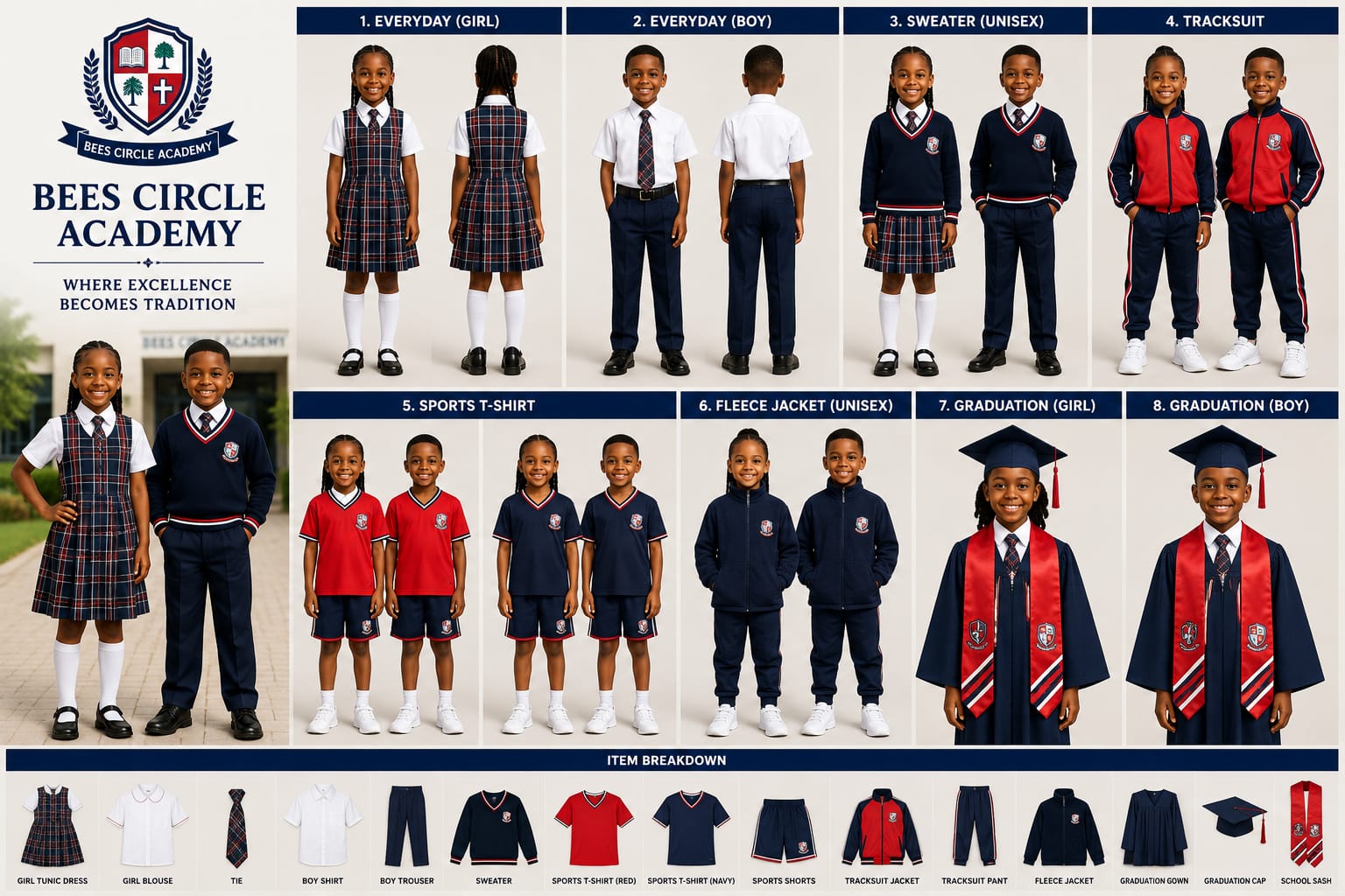 Complete school uniform system board with everyday uniforms, sportswear, fleece jackets and graduation attire