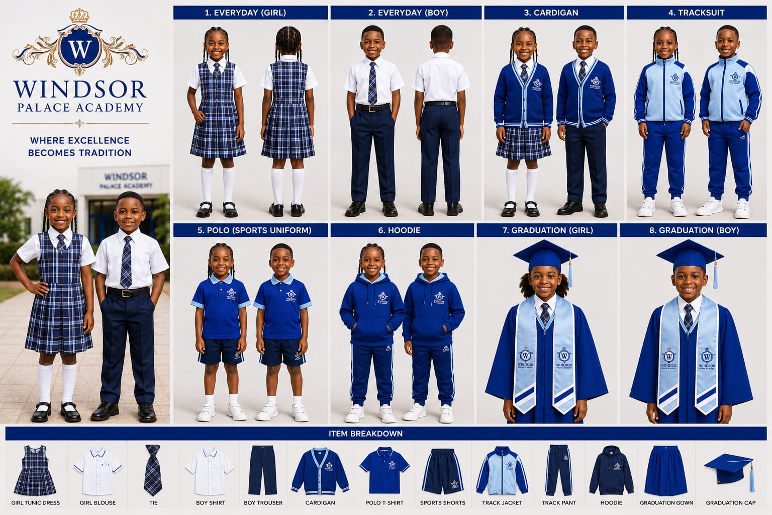 Complete blue school uniform system board
