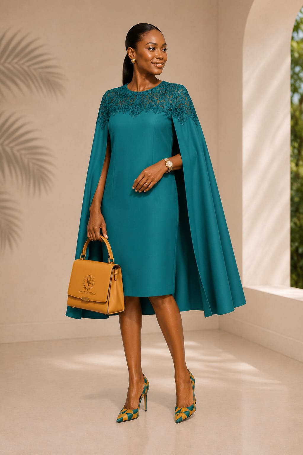 Teal cape dress from the House of Gemini Signature Elegance Collection