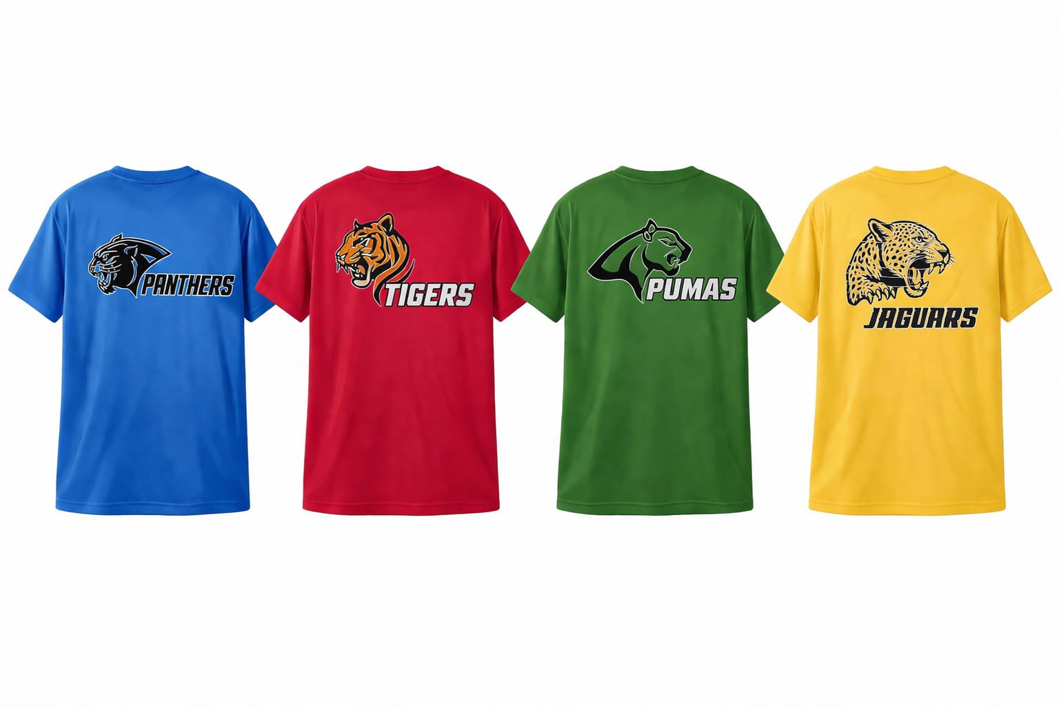 Blue, red, green and yellow house jerseys with animal mascots